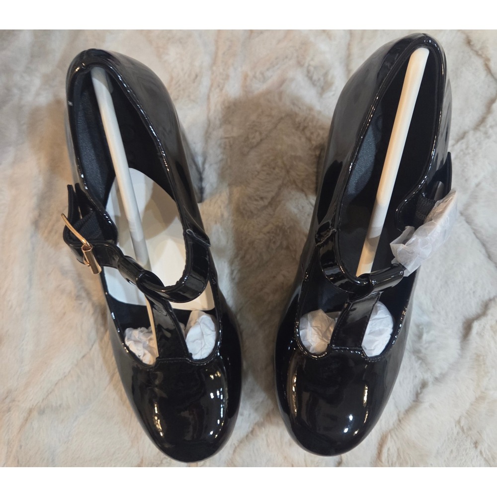 Black Patent T-Strap Platform Mary Jane Pumps Chunky Block Heel Gothic Size 6 - Picture 11 of 16